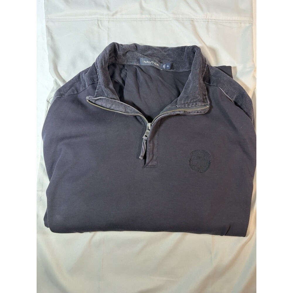 VTG Nautica Men's XL Black With Corduroy Collar/Elbow 1/4 Quarter Zip Pullover